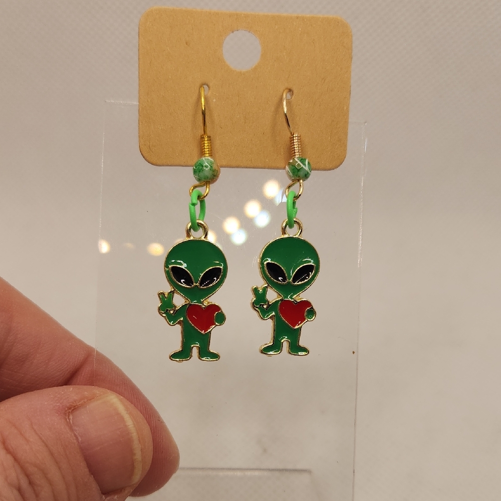 Green Alien With Heart Earrings